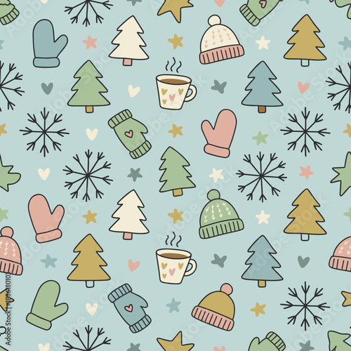 Cozy winter seamless pattern of handdrawn trees mittens hats and snowflakes in pastel colors