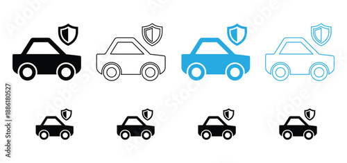 Car Insurance Icon Set, Vehicle Protection and Safety Shield Vector Symbols, Auto Warranty Collection