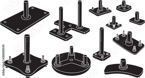 Industrial metal mounts and bases with bolts and posts