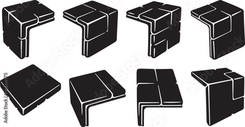 Black and white isometric cube shapes in various orientations