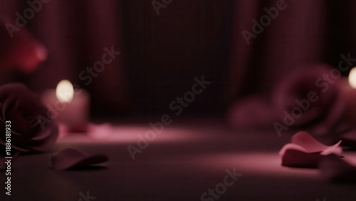 Romantic setting with soft pink lighting, scattered rose petals, and glowing candles on a dark background.