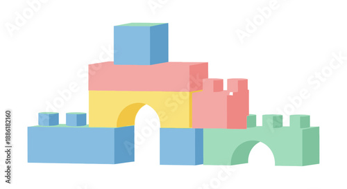 Colorful toy building blocks castle on white background