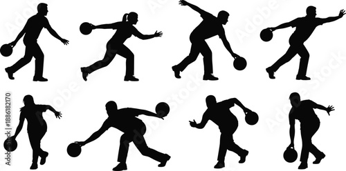 Vector Silhouette Collection of Men and Women Bowling in Various Action Poses and Throwing Balls Isolated on White Background for Sports Design
