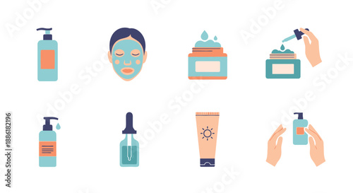 Skincare Products Icons Set: Face Mask, Cream, Serum, Lotion