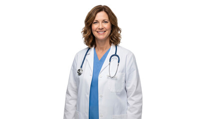 Portrait of a smiling female doctor with stethoscope, isolated on transparent background, png