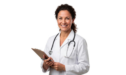 Smiling senior female doctor with stethoscope holding clipboard, transparent png
