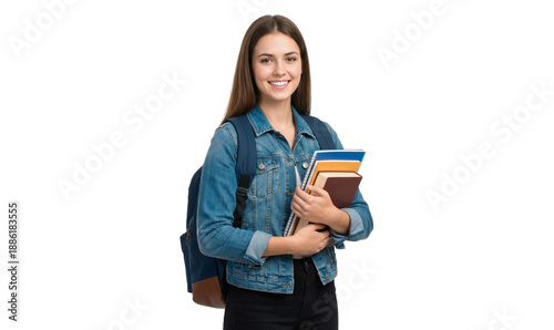 Beautiful female college student holding books with backpack, ready for study, transparent png