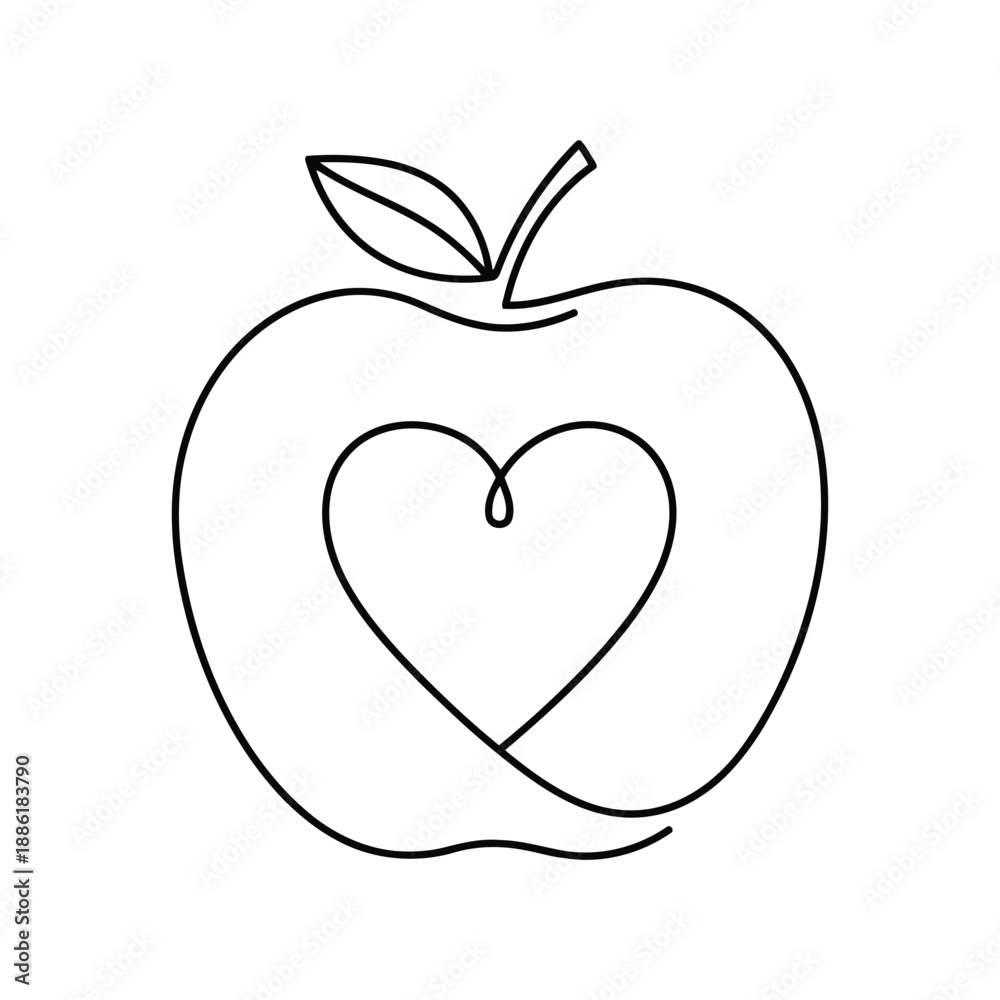 Fototapeta premium A black and white line drawing of an apple with a heart vector illustration