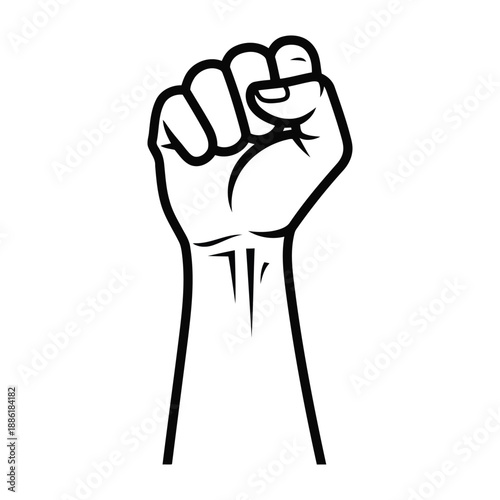 Black and white line drawing of a raised fist vector illustration