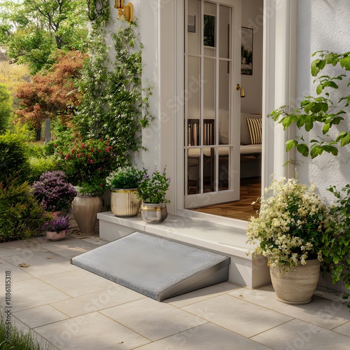 Accessible entrance with wheelchair ramp and open glass door, inclusive home exterior in sunlight