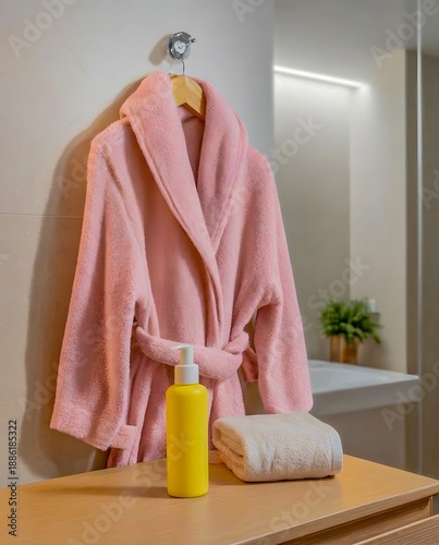 Pink bathrobe hanging in modern bathroom with lotion bottle and folded towel on wooden countertop
