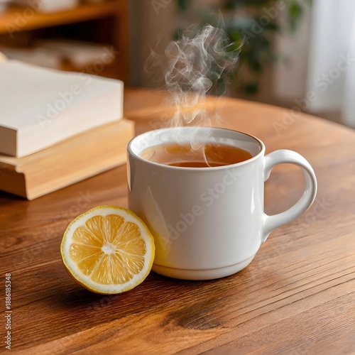 Steaming cup of hot tea with lemon slice on wooden table, cozy morning home still life