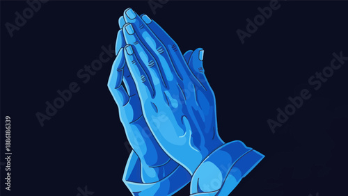 Blue praying hands, spiritual gesture, hope, faith, gratitude, dark background