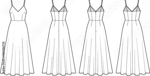 Women spaghetti strap maxi dress technical flat sketches, front back variations, sewing pattern fashion illustration vector isolated set design template