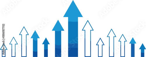 Blue arrows pointing upwards in a graph-like formation illustrating growth and progress from a forward-facing viewpoint