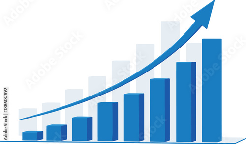 A blue bar graph with an upward trend arrow illustrating growth and progress in a business or financial context