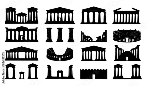 Ancient ruins silhouette icon collection with temples, pillars, and historic structures vector