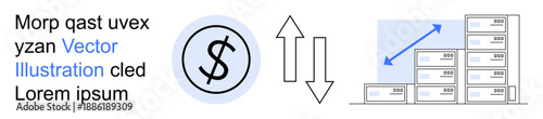 Financial growth, market analysis, stock trading, economy, currency trends, investment. Dollar sign with bidirectional arrows and stacked boxes with upward arrow chart. Financial growth and market
