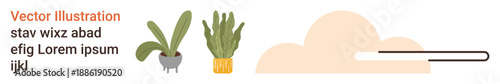 Home decor, gardening, minimalism, natural elements, creative design, placeholders. Potted green plants alongside a neutral cloud illustration with text. Home decor and gardening inspiration concept
