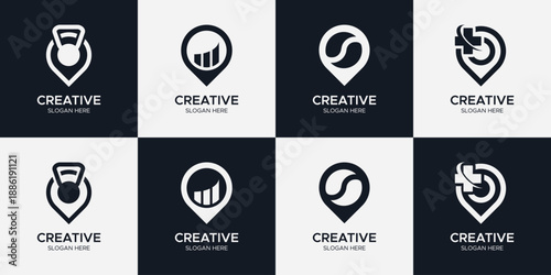Location Pin Logo Bundle, Modern Map Pointer Icons with Medical Cross, Fitness Kettlebell, Business Growth Chart, and Abstract Symbols, Navigation Branding for Healthcare, Gym, and Finance Apps