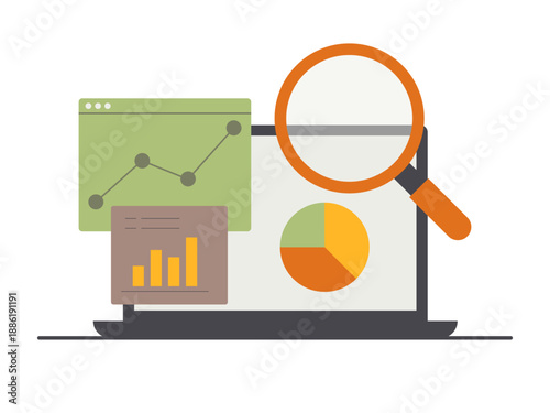 Illustration depicts a laptop with various data visualization elements like line graphs, bar charts, and a pie chart. Research illustration. Flat vector concept.
