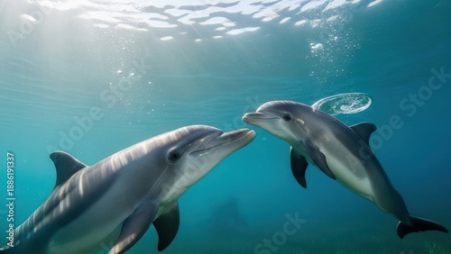 Wallpaper Mural Two dolphins swimming face to face underwater with sunlight filtering through the clear blue water. Torontodigital.ca