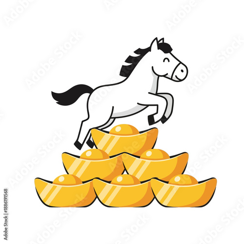 White Horse Jumping Over Gold Coins.