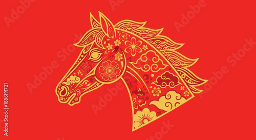 Golden Horse Head Illustration Closeup.