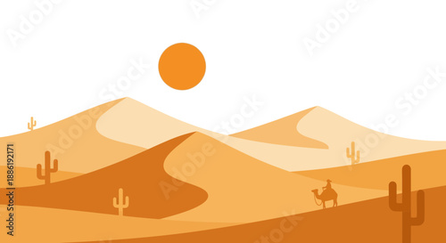 Desert Landscape with Camel Caravan and Cacti under Sun