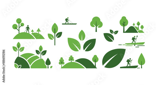 Eco Friendly Nature Icons: Hiking, Kayaking, Trees, Hills, Leaves