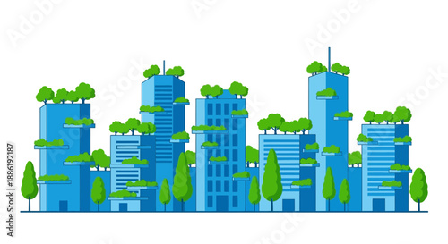 Eco-friendly city skyline with green buildings and trees