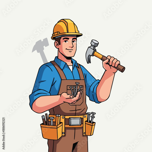 Smiling Handyman or Carpenter Cartoon Character Holding Hammer and Nails. Professional Construction Worker with Tool Belt Illustration.