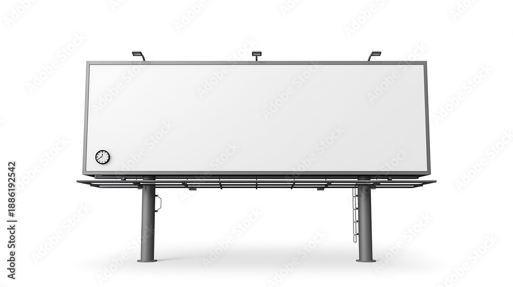 Obraz premium Large outdoor billboard features a wide horizontal format with an empty black display surface and a small analog clock embedded on the left side. It is set against a pure white background.