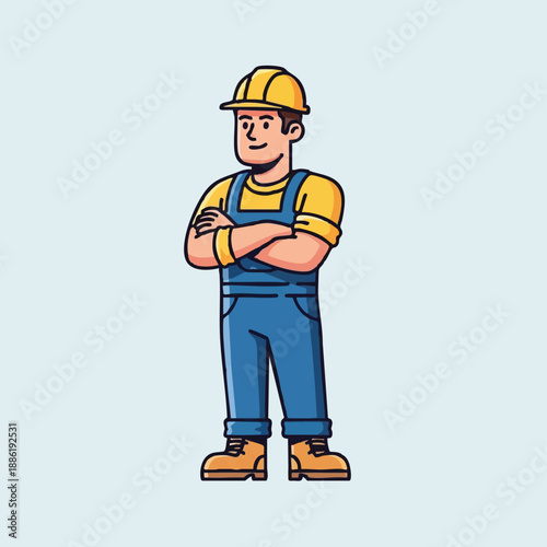 Professional Builder Standing with Crossed Arms in Safety Helmet and Overalls - Flat Vector Cartoon Character Illustration.