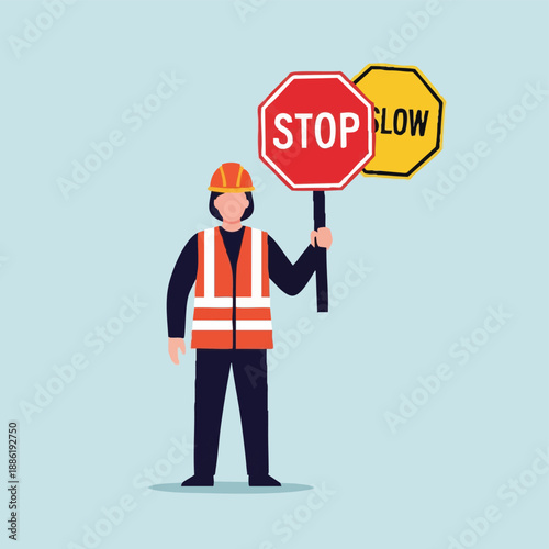 Traffic Flagger Holding Stop and Slow Paddle Sign Vector Illustration. Road Safety Worker in Hard Hat and High-Visibility Vest.