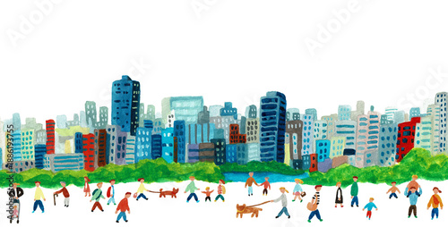 手描き水彩イラスト　都市の公園に集まる人々