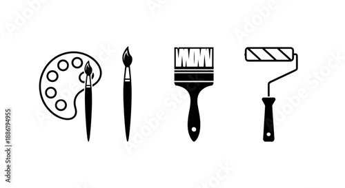 Set of Art and Painting Tool Icons Featuring Palette Paintbrushes and Paint Roller in Black Silhouette Style for Creative Design and Home Improvement Concept Vector
