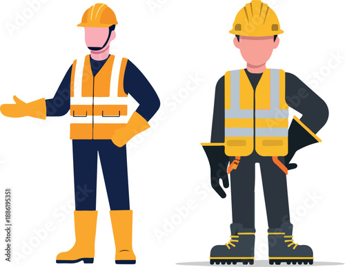 Two Construction Workers Wearing Safety Helmets and High-Visibility Vests