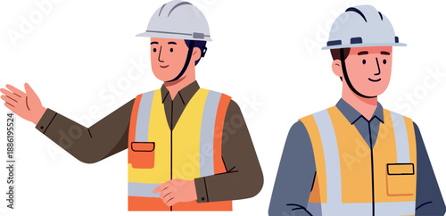 Male Construction Workers or Engineers in Hard Hats and High-Visibility Vests
