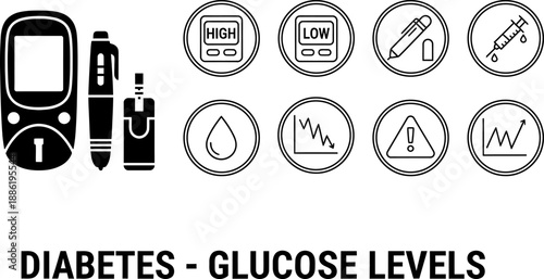 Diabetes glucose levels icons, glucometer and warning signs