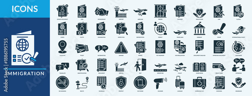 Immigration - Icon Collection. Thin Glyph Solid Set contains such Icons as visa, airplane, airport, deportation and more. Simple web icons set