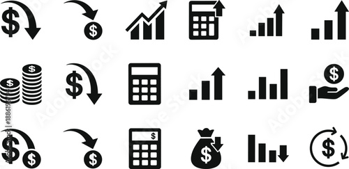 Comprehensive set of black solid financial icons featuring dollar signs, growth charts, calculators, money bags, and falling market arrows.