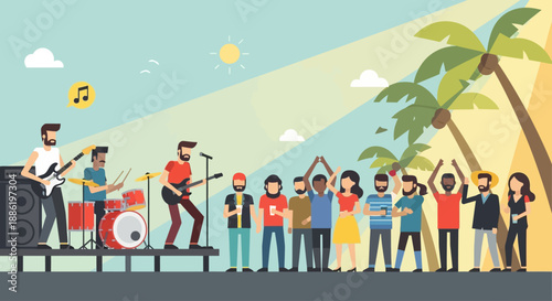 A dynamic flat design illustration showcasing a musician performing live on stage at the Coconut Grove Arts Festival. This 2D vector captures the vibrant entertainment aspect of the event.