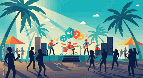 A dynamic flat design illustration showcasing a musician performing live on stage at the Coconut Grove Arts Festival. This 2D vector captures the vibrant entertainment aspect of the event.