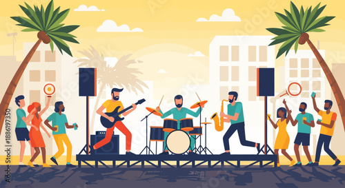 A dynamic flat design illustration showcasing a musician performing live on stage at the Coconut Grove Arts Festival. This 2D vector captures the vibrant entertainment aspect of the event.