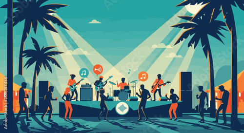 A dynamic flat design illustration showcasing a musician performing live on stage at the Coconut Grove Arts Festival. This 2D vector captures the vibrant entertainment aspect of the event.