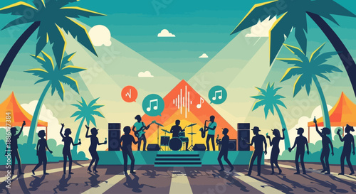 A dynamic flat design illustration showcasing a musician performing live on stage at the Coconut Grove Arts Festival. This 2D vector captures the vibrant entertainment aspect of the event.