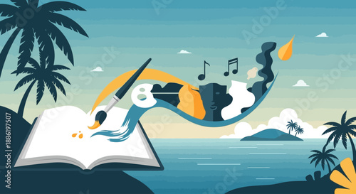 An evocative flat design illustration symbolizing creativity and inspiration, drawing on the artistic spirit of the Coconut Grove Arts Festival. This 2D vector represents innovative thought and artist