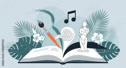 An evocative flat design illustration symbolizing creativity and inspiration, drawing on the artistic spirit of the Coconut Grove Arts Festival. This 2D vector represents innovative thought and artist