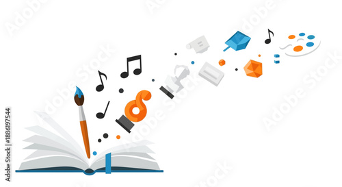 An evocative flat design illustration symbolizing creativity and inspiration, drawing on the artistic spirit of the Coconut Grove Arts Festival. This 2D vector represents innovative thought and artist